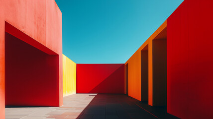 Vibrant architectural photograph featuring bold red, orange, and yellow walls under a clear blue sky, creating strong geometric shadows.