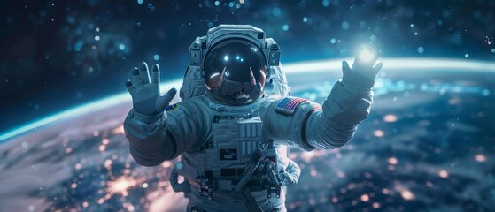 An Astronaut on a Space Ship is Happy and Waving on a Video Call. VFX Graphics shot from the International Space Station.
