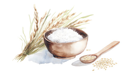 Watercolor illustration of a bowl of rice with a wooden spoon and rice grains, accompanied by stalks of rice plants.