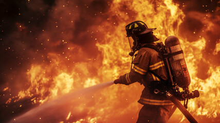 A firefighter in full gear battling a massive blaze, spraying water from a hose against a fiery background.