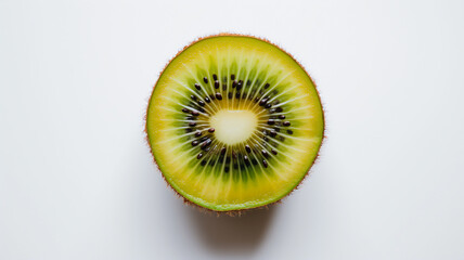A vibrant cross-section of a kiwi fruit, showcasing its vivid green flesh and black seeds against a white background.
