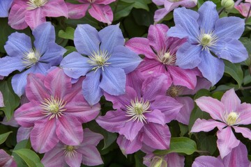 Clematis plant in full bloom with vibrant blue and pink flowers against a green foliage background