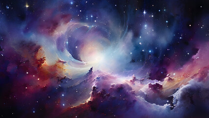 Naklejka premium Surreal space landscape. Twinkling stars and spiraling distant galaxies beyond the spectrum visible to the naked eye. Ultra-high resolution, admirable depth, and infinite space