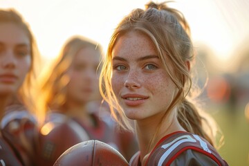 Confident young female football player with freckles, team in soft focus behind her