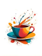 Abstract lifestyle banner design with tea cup and colorful splashing shapes