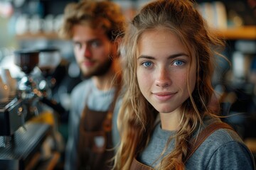 Fototapeta premium Two cheerful baristas behind an espresso machine in a coffee shop with a friendly ambiance