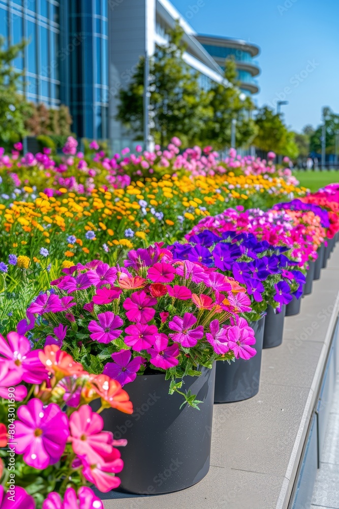 Poster A row of vibrant flower pots lined up in front of a building, adding a pop of color to the urban landscape