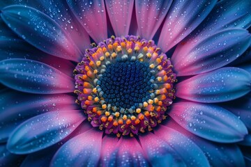 Obraz premium Detailed view of a blue and pink flower covered in water droplets