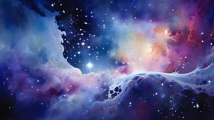 Naklejka premium Surreal space landscape. Twinkling stars and spiraling distant galaxies beyond the spectrum visible to the naked eye. Ultra-high resolution, admirable depth, and infinite space
