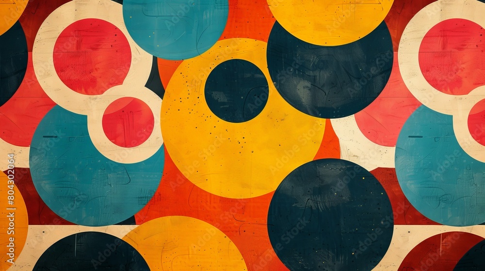 Poster Various vibrant circles painted on a white wall, creating a visually dynamic and lively display
