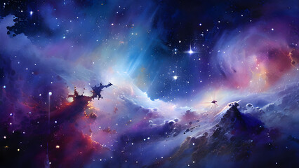 Surreal space landscape. Twinkling stars and spiraling distant galaxies beyond the spectrum visible to the naked eye. Ultra-high resolution, admirable depth, and infinite space