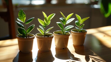 Seedlings of ZZ Plant or Zamioculcas zamiifolia in ceramic pots on a minimalist wooden table.