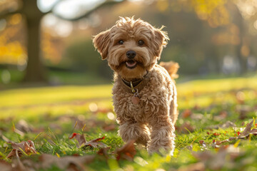 Small dog with collar walking in park. Dog on morning walk