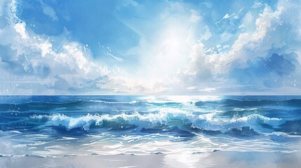 the beauty of the sea, a serene seascape painted delicately in watercolor, showcasing nature's tranquil allure