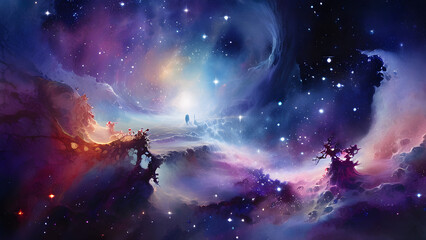 Fototapeta premium Surreal space landscape. Twinkling stars and spiraling distant galaxies beyond the spectrum visible to the naked eye. Ultra-high resolution, admirable depth, and infinite space