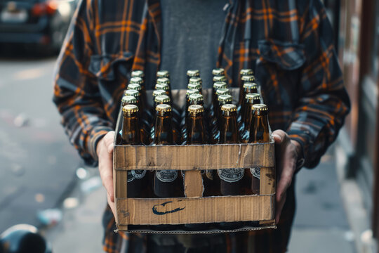Man holding case of beer bottles outside shop. Young man preparing for party, buy beer package
