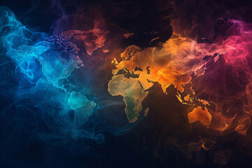 Vibrant colored smoke in shape of world map against dark background.