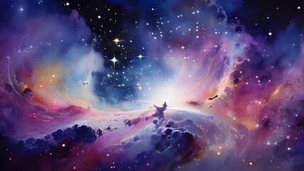 Obraz premium Surreal space landscape. Twinkling stars and spiraling distant galaxies beyond the spectrum visible to the naked eye. Ultra-high resolution, admirable depth, and infinite space