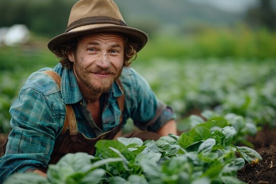 A content male farmer kneels in a field of green, working the rich soil on his land
