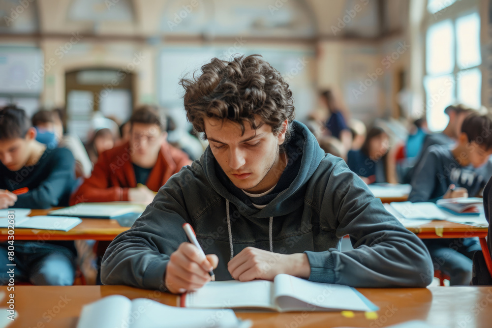 Wall mural Concentrated young male student sits at desk and taking exam in school classroom