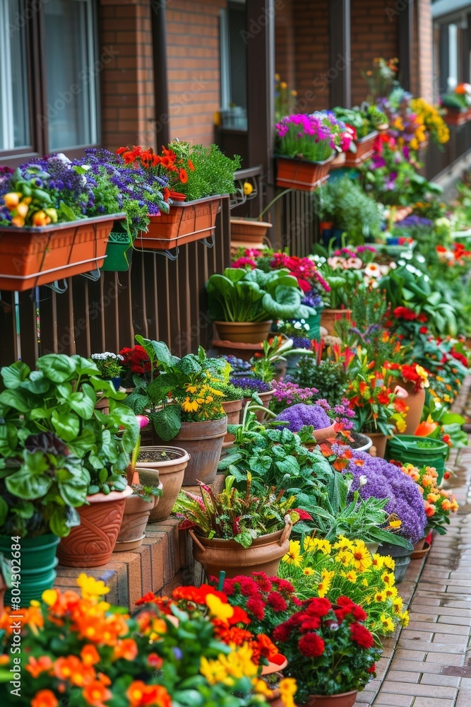 Poster a line of colorful potted flowers neatly arranged along the edge of a paved sidewalk