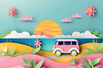 Summer road trip background in paper cut style. Car driving on coastline in beautiful landscape