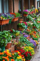 A line of colorful potted flowers neatly arranged along the edge of a paved sidewalk