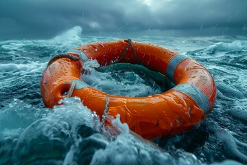 An orange life preserver buoyantly floats in the vast ocean waters under the clear blue sky