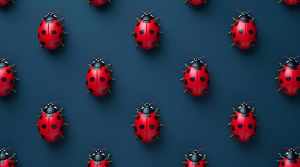 A visually engaging and ultra-detailed rendering of red ladybugs arranged in an orderly pattern against a dark blue background, offering a vibrant contrast.