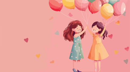 Young sisters with balloons on pink background Vector