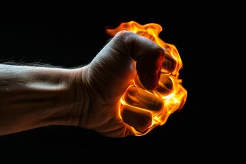 Man's flaming fist on a black background, showing anger and strength.