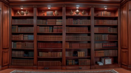 A panoramic shot of a sophisticated home library, its shelves filled with leather-bound books, set against a backdrop of rich, 