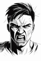 A black and white drawing of a man with his mouth open, showing his teeth and tongue. His expression appears surprised or shouting