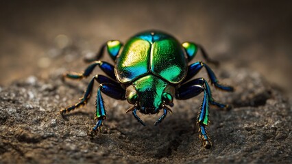 A highly detailed macro photograph of an iridescent beetle with metallic green and gold hues, perched on a textured surface, showcasing intricate details.  