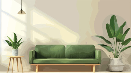 Green sofa and wooden stool with houseplant near li