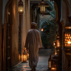 Obraz premium Arabian Nights - A Man Walking Through an Illuminated Alley
