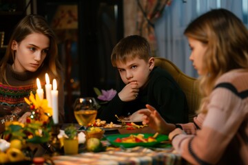 Happy family having dinner at table in home
