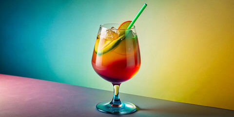 Cocktail with a straw in a stemmed glass with citrus slices