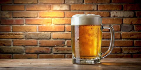 A mug of foamy beer against a brick wall