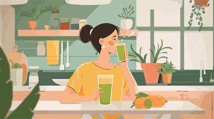 Young woman drinking vegetable juice in kitchen closeup