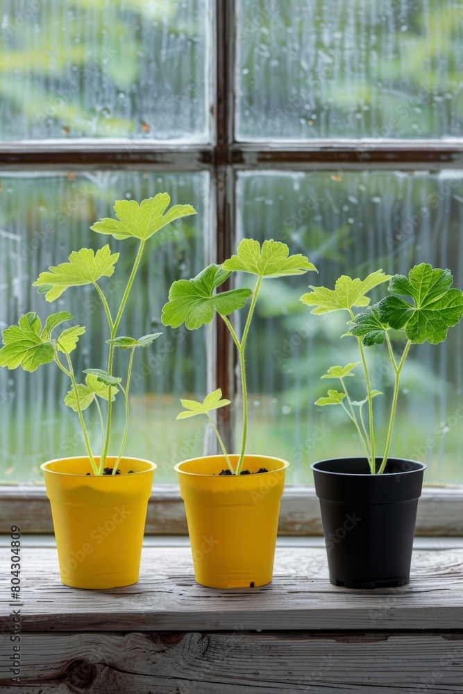 Poster three small pelargonium plants in pots sitting on a window sill against a background of a window fra