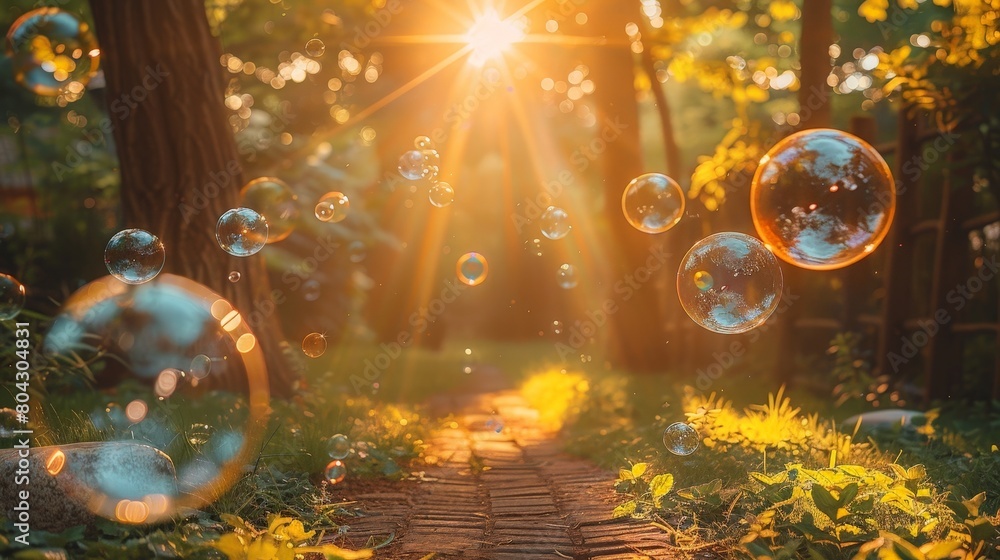 Aufkleber soap bubbles float in air amid trees in forest