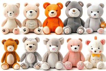 Big set of cute fluffy animal dolls for children toys, isolated background AIG44. Big set of cute...