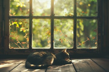 the cat is lying near the window on a beautiful wooden floor - Powered by Adobe