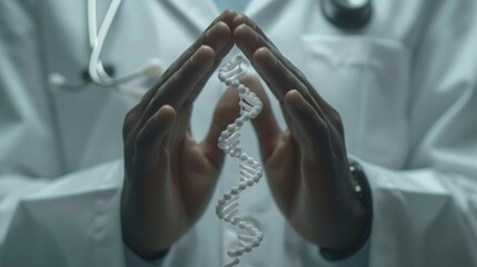 A doctor is holding a DNA strand in his hands. Concept of scientific discovery and exploration