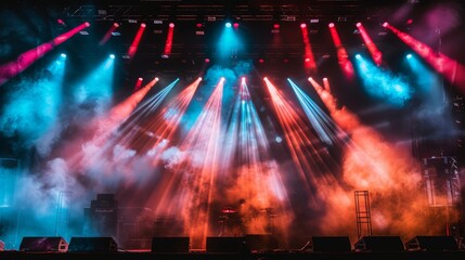 Concert on scene theater, stage light with colored spotlights and smoke.