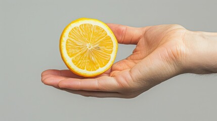 Vitamins, Healthy lifestyle, Medicine. A hand offers a lemon next to the inscription Vitamin C. Minimalist art collage.