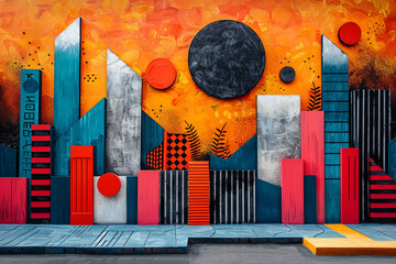 Bold orange backdrop contrasting with geometric elements, adding a vibrant and energetic touch to the composition.