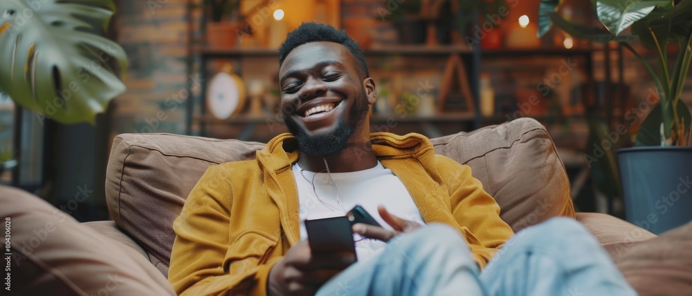 Aufkleber using smartphone while seated on a sofa in a living room. a happy young black man using the internet