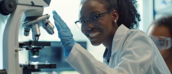 A renowned female researcher makes a crucial discovery while studying samples under a microscope....